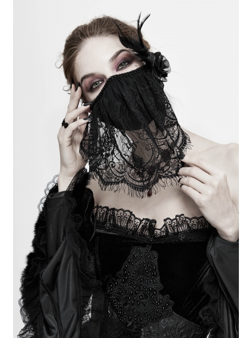 Front Beads Lace Side Feather Roses Decoration Black Gothic Mask