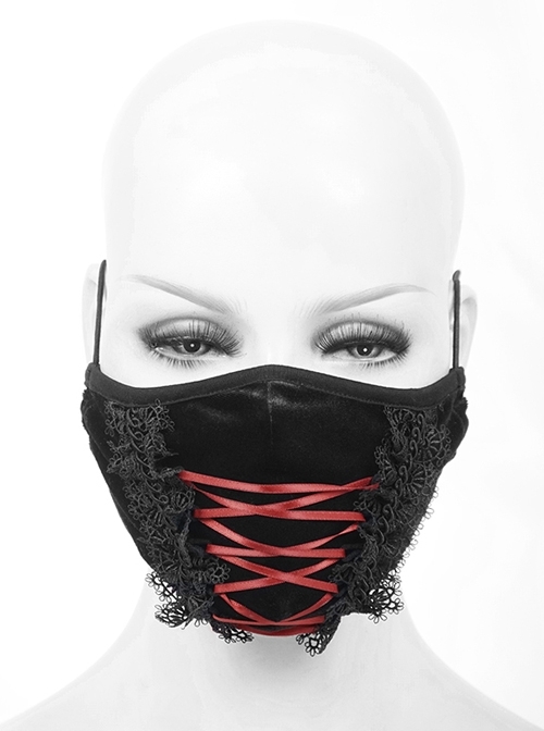 Front Red Lace-Up Lace Decals Black Gothic Dense Velvet Mask