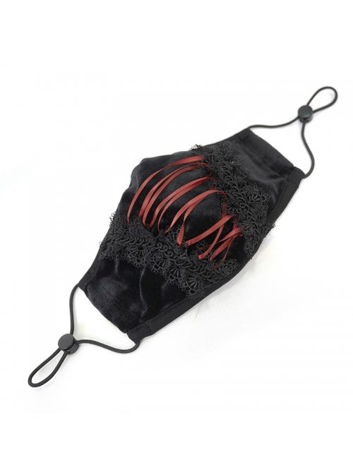 Front Red Lace-Up Lace Decals Black Gothic Dense Velvet Mask