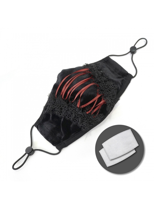 Front Red Lace-Up Lace Decals Black Gothic Dense Velvet Mask