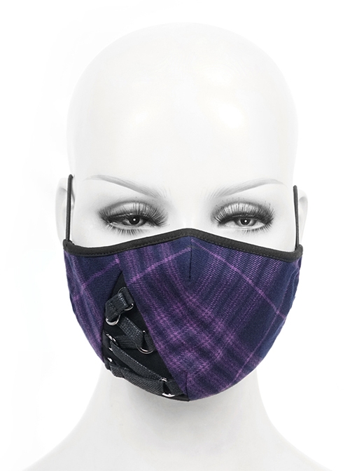 One Side Metal Buckle Bandage Purple Scotch Plaid Punk Mask