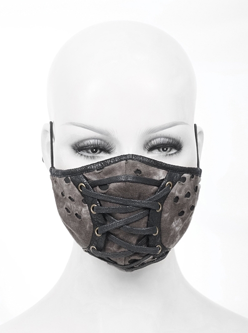 Front Metal Eyelets Lace-Up Grey Tie-Dyed Broken Holes Knit Punk Mask