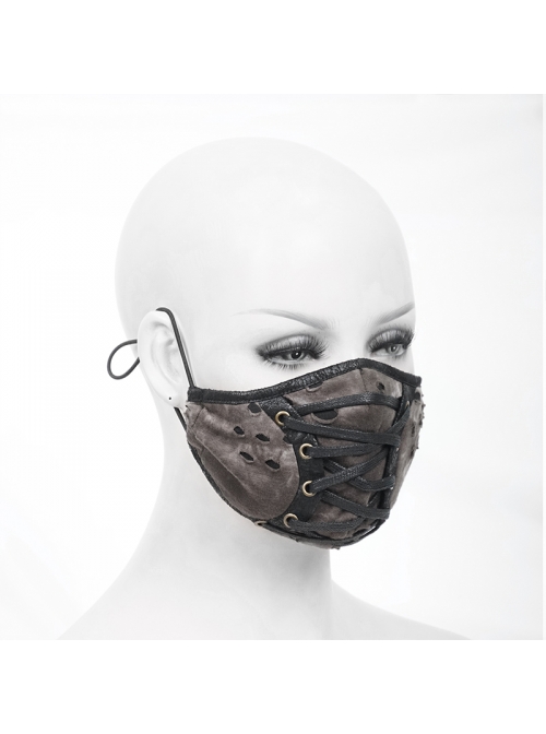 Front Metal Eyelets Lace-Up Grey Tie-Dyed Broken Holes Knit Punk Mask