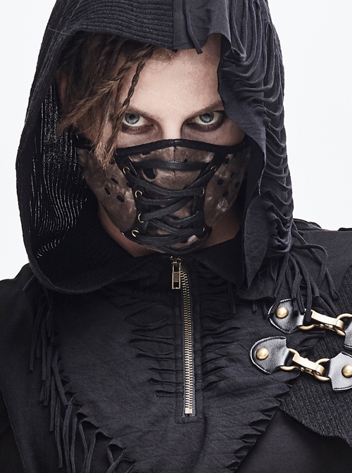 Front Metal Eyelets Lace-Up Grey Tie-Dyed Broken Holes Knit Punk Mask
