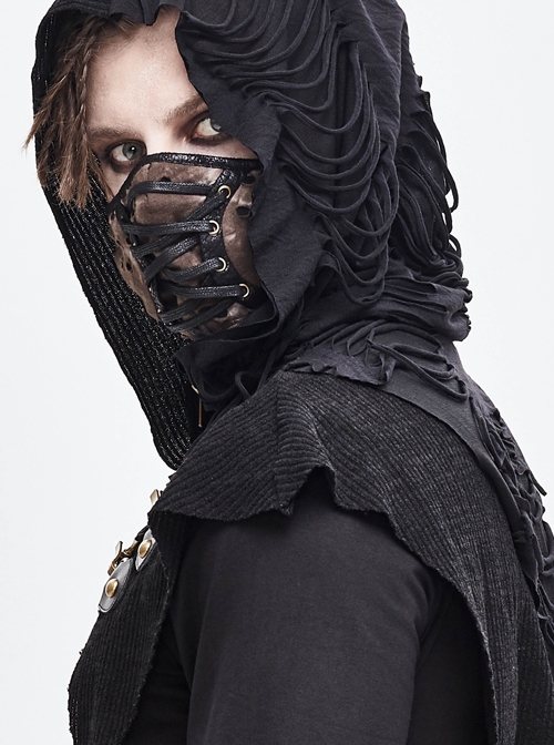 Front Metal Eyelets Lace-Up Grey Tie-Dyed Broken Holes Knit Punk Mask