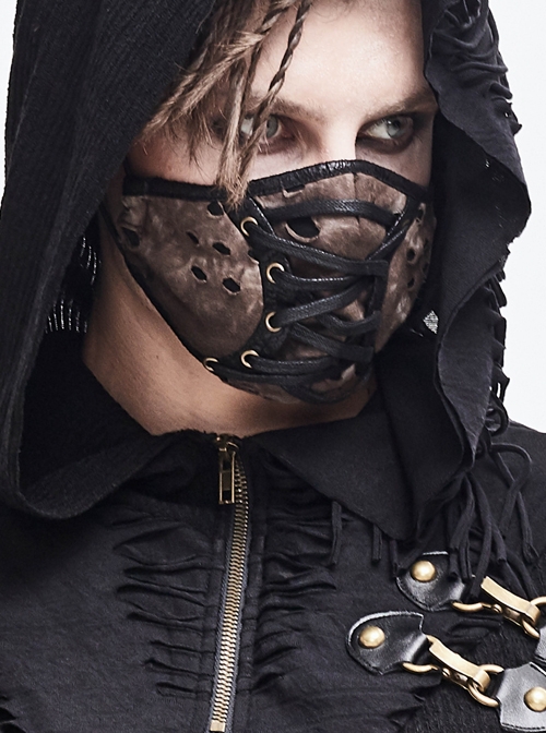 Front Metal Eyelets Lace-Up Grey Tie-Dyed Broken Holes Knit Punk Mask