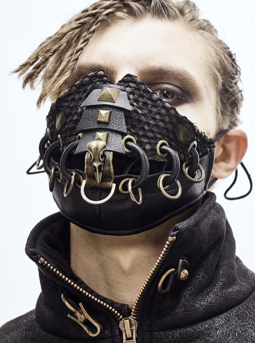 Metal Rivet Bandage Decoration Broken Holes Mesh Brown Punk Mask