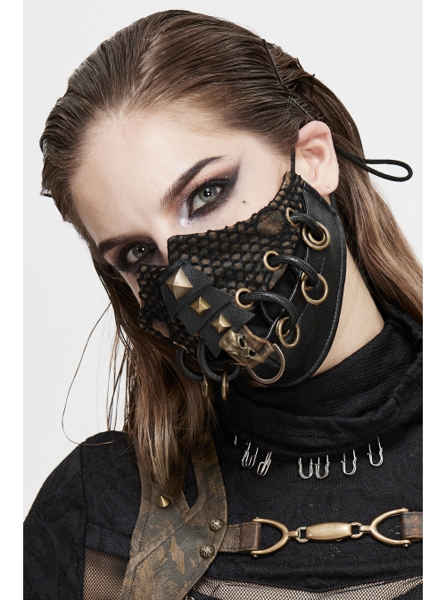 Metal Rivet Bandage Decoration Broken Holes Mesh Brown Punk Mask