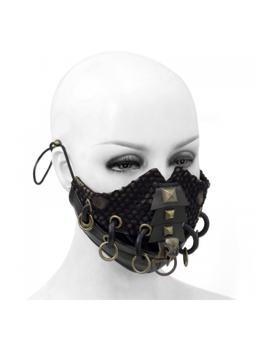 Metal Rivet Bandage Decoration Broken Holes Mesh Brown Punk Mask