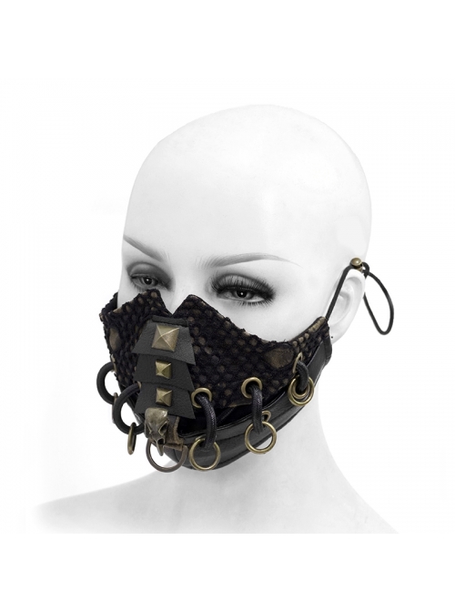 Metal Rivet Bandage Decoration Broken Holes Mesh Brown Punk Mask