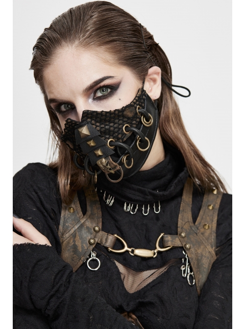 Metal Rivet Bandage Decoration Broken Holes Mesh Brown Punk Mask