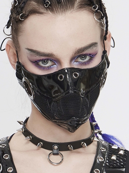 Metal Ring Decoration Splice Mesh Tooth-Shaped Decals Black Punk Mirrored Leather Mask