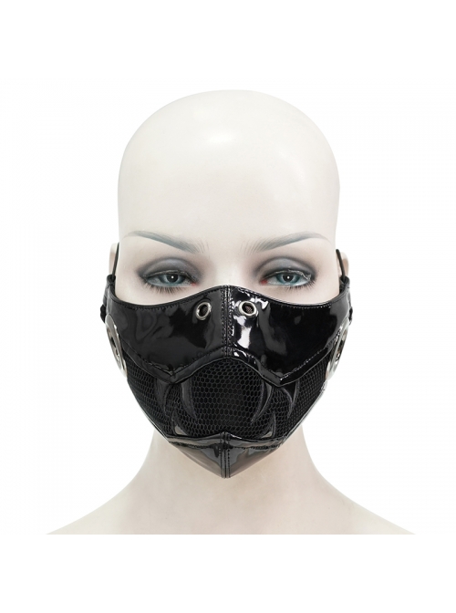 Metal Ring Decoration Splice Mesh Tooth-Shaped Decals Black Punk Mirrored Leather Mask