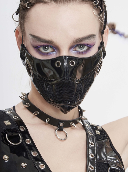 Metal Ring Decoration Splice Mesh Tooth-Shaped Decals Black Punk Mirrored Leather Mask