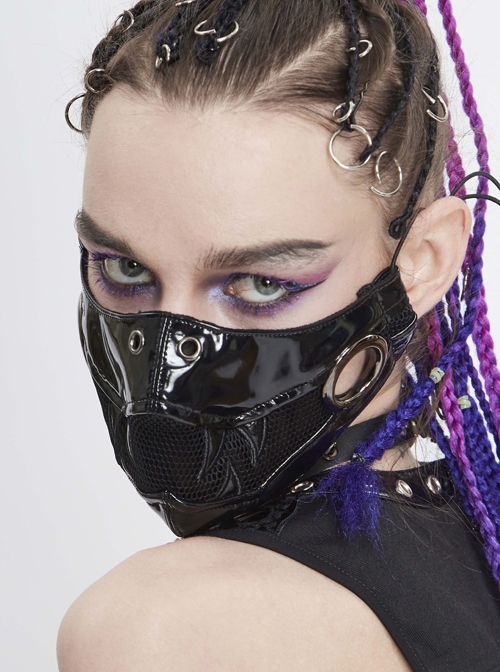 Metal Ring Decoration Splice Mesh Tooth-Shaped Decals Black Punk Mirrored Leather Mask