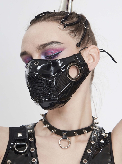 Metal Ring Decoration Splice Mesh Tooth-Shaped Decals Black Punk Mirrored Leather Mask