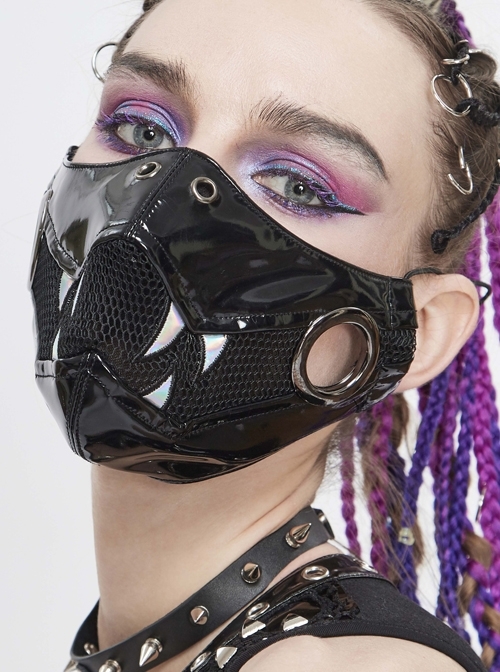 Metal Ring Decoration Splice Mesh White Tooth-Shaped Decals Black Punk Mirrored Leather Mask