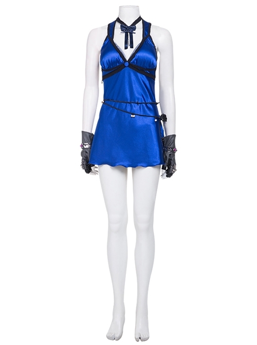 Final Fantasy VII Remake Tifa Lockhart Blue Sexy Backless Dress Halloween Cosplay Costume Full Set
