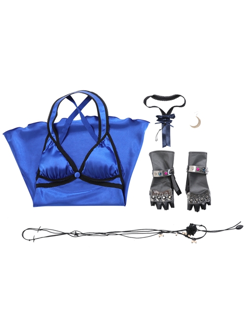 Final Fantasy VII Remake Tifa Lockhart Blue Sexy Backless Dress Halloween Cosplay Costume Full Set