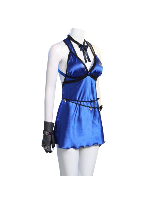 Final Fantasy VII Remake Tifa Lockhart Blue Sexy Backless Dress Halloween Cosplay Costume Full Set