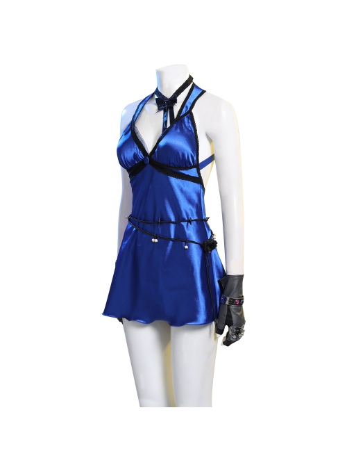Final Fantasy VII Remake Tifa Lockhart Blue Sexy Backless Dress Halloween Cosplay Costume Full Set
