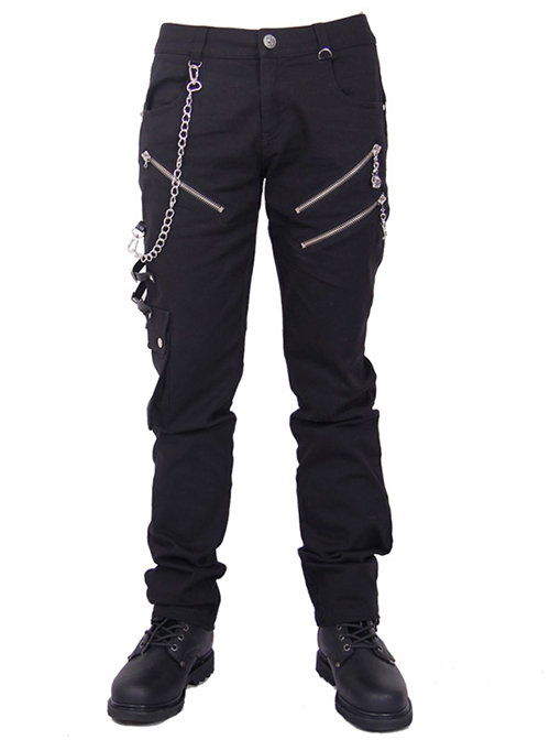 Side Skull Tri-Glide Buckle Metal Chain Decoration Leather Leg Loop Black Punk Twill Trousers