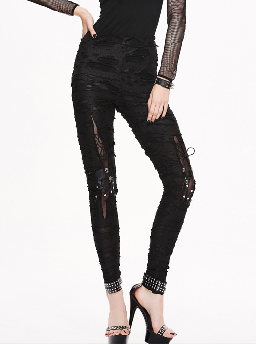Skull Pendant Metal Nail Decoration Splice Mesh Black Punk Broken Holes Knit Legging