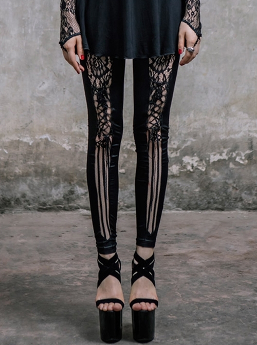 Front Splice Mesh Lace-Up Black Gothic Knit Legging