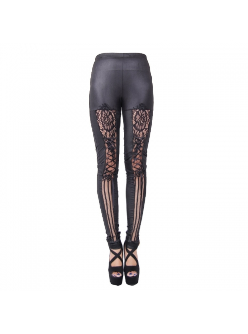 Front Splice Mesh Lace-Up Black Gothic Knit Legging