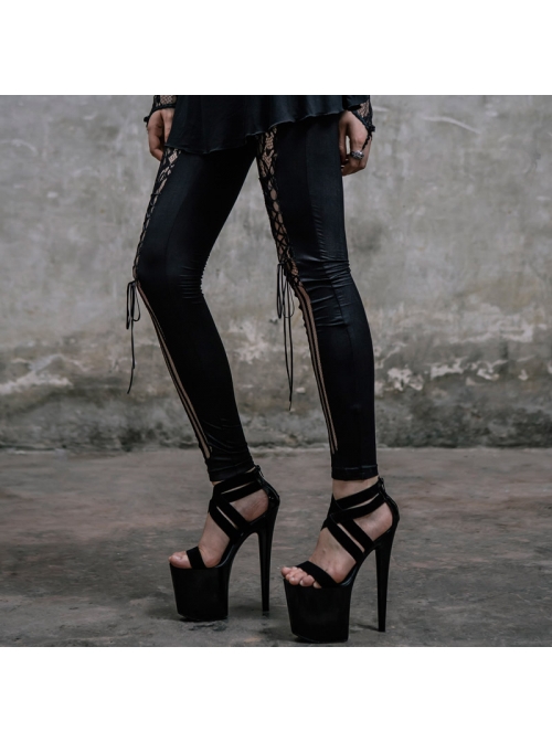 Front Splice Mesh Lace-Up Black Gothic Knit Legging
