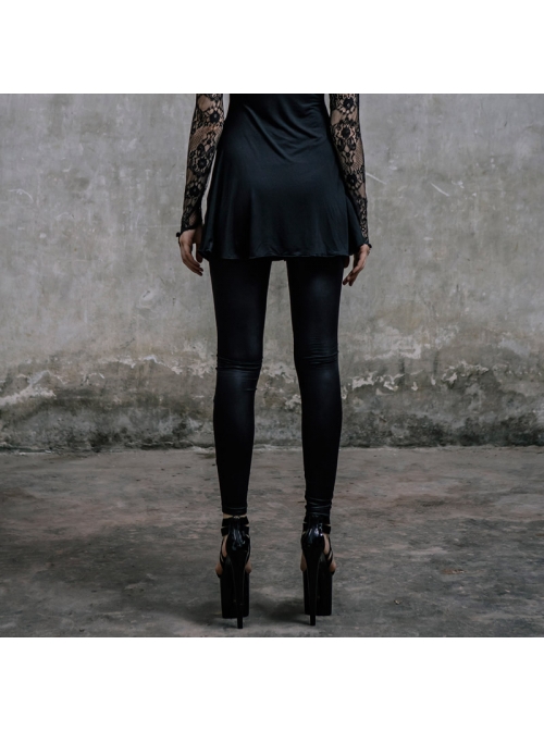 Front Splice Mesh Lace-Up Black Gothic Knit Legging
