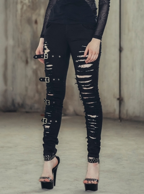 One Side Metal Buckle Leg Loop Black Punk Broken Holes Jeans