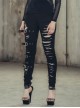One Side Metal Buckle Leg Loop Black Punk Broken Holes Jeans