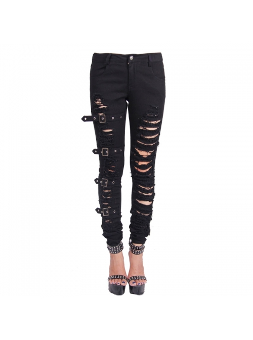 One Side Metal Buckle Leg Loop Black Punk Broken Holes Jeans