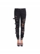 One Side Metal Buckle Leg Loop Black Punk Broken Holes Jeans