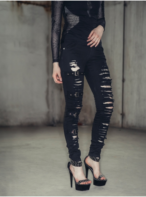 One Side Metal Buckle Leg Loop Black Punk Broken Holes Jeans
