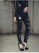 One Side Metal Buckle Leg Loop Black Punk Broken Holes Jeans