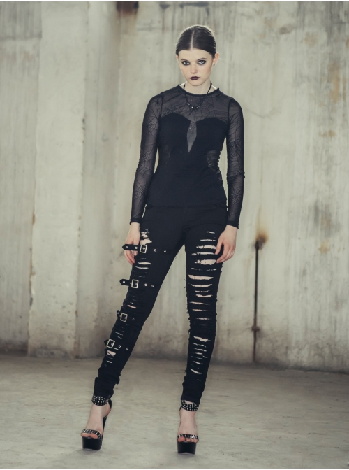 One Side Metal Buckle Leg Loop Black Punk Broken Holes Jeans
