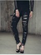One Side Metal Buckle Leg Loop Black Punk Broken Holes Jeans