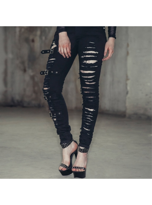 One Side Metal Buckle Leg Loop Black Punk Broken Holes Jeans