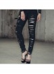 One Side Metal Buckle Leg Loop Black Punk Broken Holes Jeans