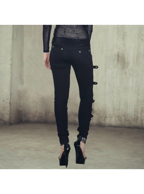One Side Metal Buckle Leg Loop Black Punk Broken Holes Jeans