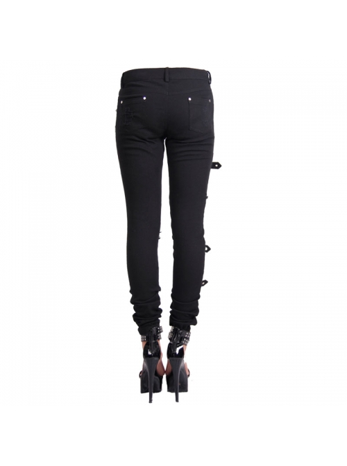 One Side Metal Buckle Leg Loop Black Punk Broken Holes Jeans