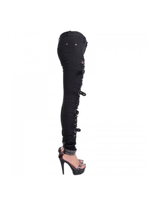 One Side Metal Buckle Leg Loop Black Punk Broken Holes Jeans
