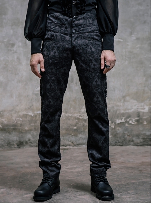 Side Discoid Flowers Back Waist Lace-Up Black Gothic Jacquard Trousers