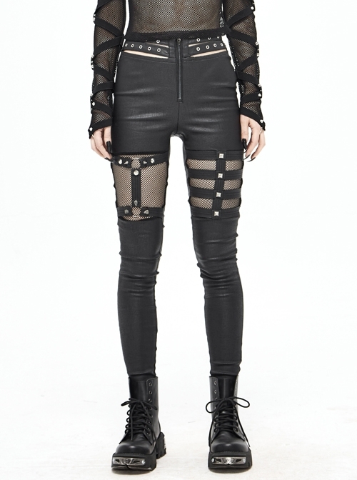 Metal Eyelets Belt Front Splice Mesh Metal Rivet Leg Loop Black Punk Legging
