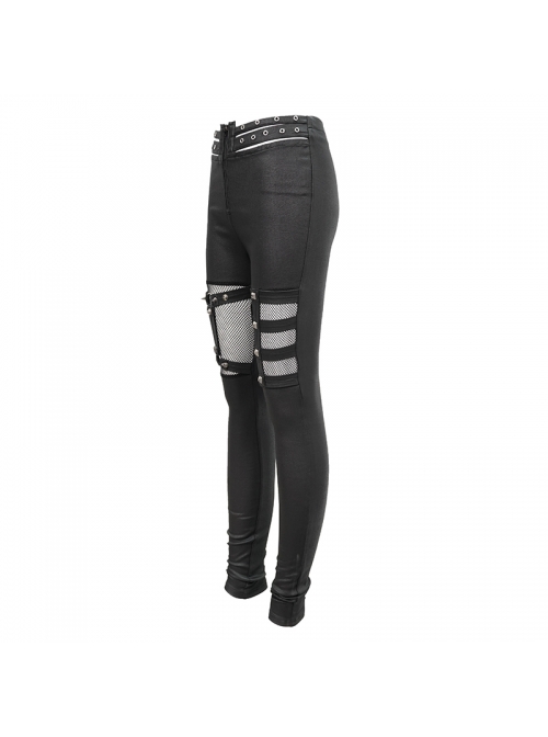 Metal Eyelets Belt Front Splice Mesh Metal Rivet Leg Loop Black Punk Legging