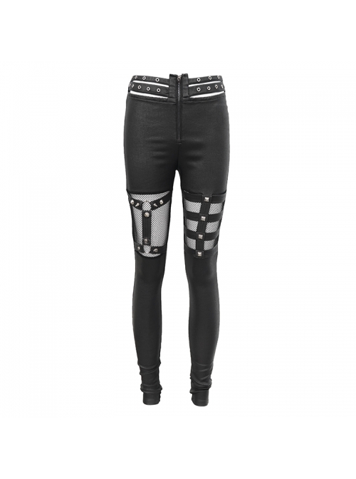 Metal Eyelets Belt Front Splice Mesh Metal Rivet Leg Loop Black Punk Legging
