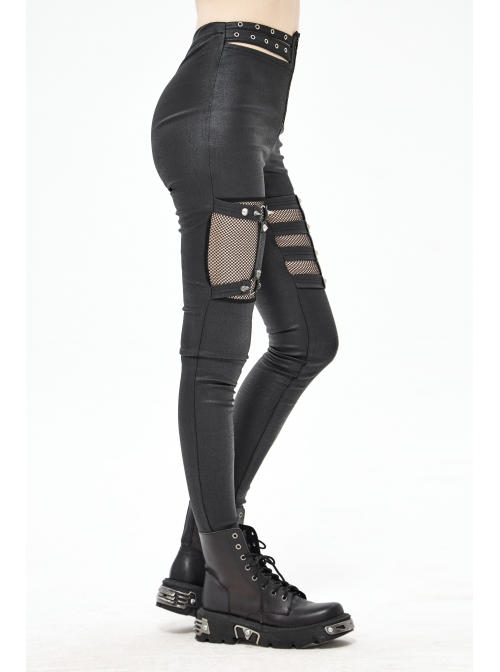 Metal Eyelets Belt Front Splice Mesh Metal Rivet Leg Loop Black Punk Legging