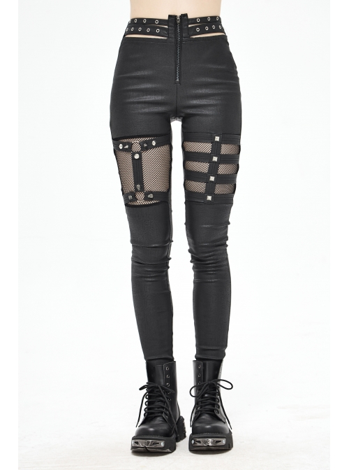 Metal Eyelets Belt Front Splice Mesh Metal Rivet Leg Loop Black Punk Legging